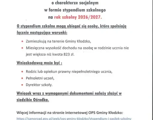 Stypendium szkolne 2026/2027 – wnioski w Gminie Kłodzko tylko do 15 września