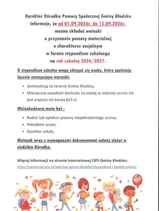 Stypendium szkolne 2026/2027 – wnioski w Gminie Kłodzko tylko do 15 września