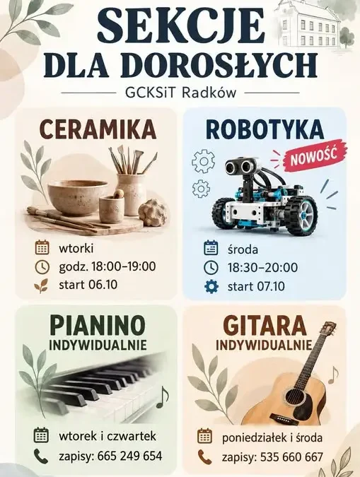 GCKSiT Radków zaprasza dorosłych na nowe sekcje: ceramika, robotyka, pianino i gitara