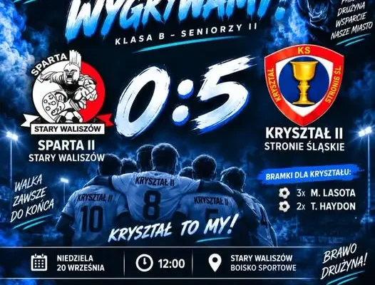 Kryształ II Stronie Śląskie rozbił Spartę II Stary Waliszów 5:0. Hat-trick Lasoty!