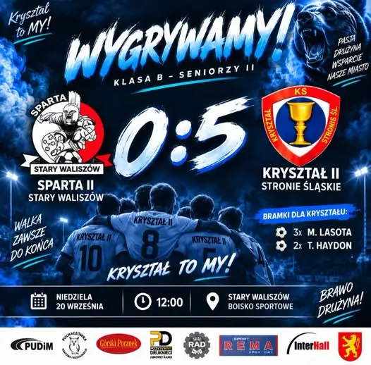 Kryształ II Stronie Śląskie rozbił Spartę II Stary Waliszów 5:0. Hat-trick Lasoty!