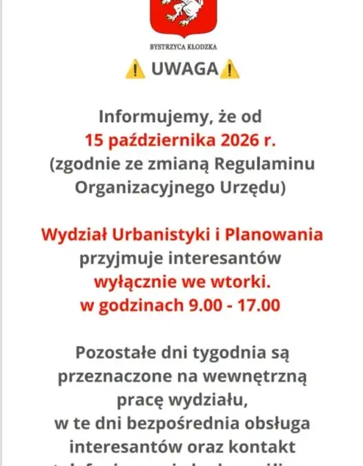 Wydział Urbanistyki w Bystrzycy Kłodzkiej zmienia godziny przyjęć interesantów