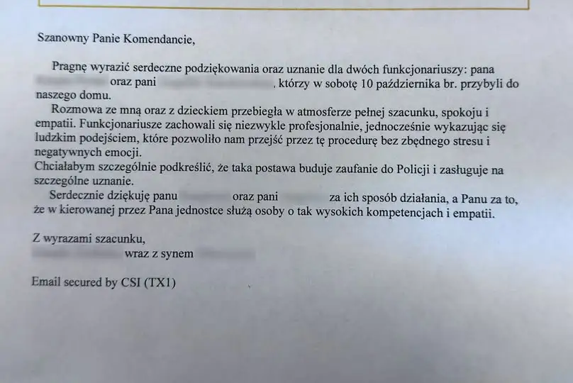 Podziękowania dla szczycieńskich policjantów za empatyczne podejście podczas interwencji