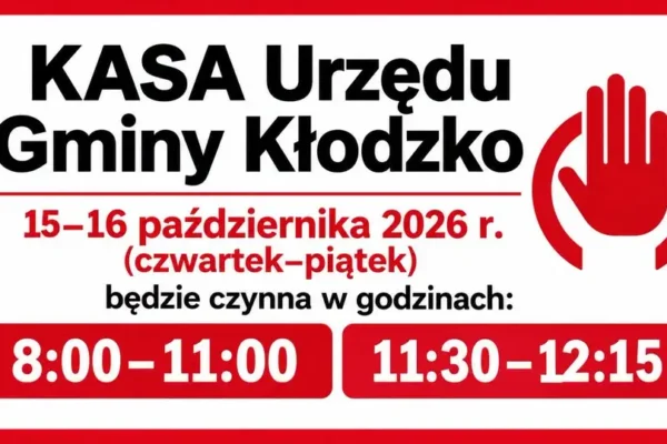 Kasa Urzędu Gminy Kłodzko z krótszymi godzinami pracy 15-16 października