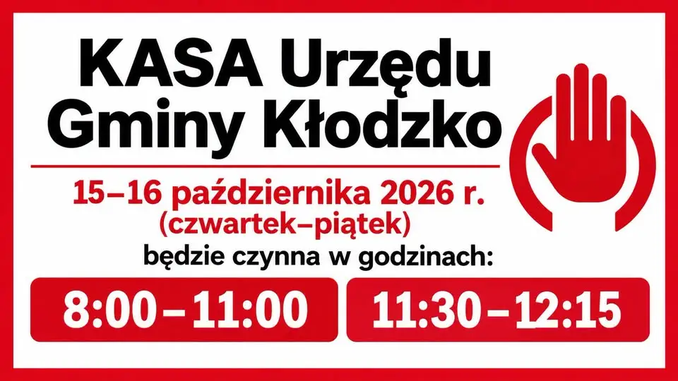 Kasa Urzędu Gminy Kłodzko z krótszymi godzinami pracy 15-16 października