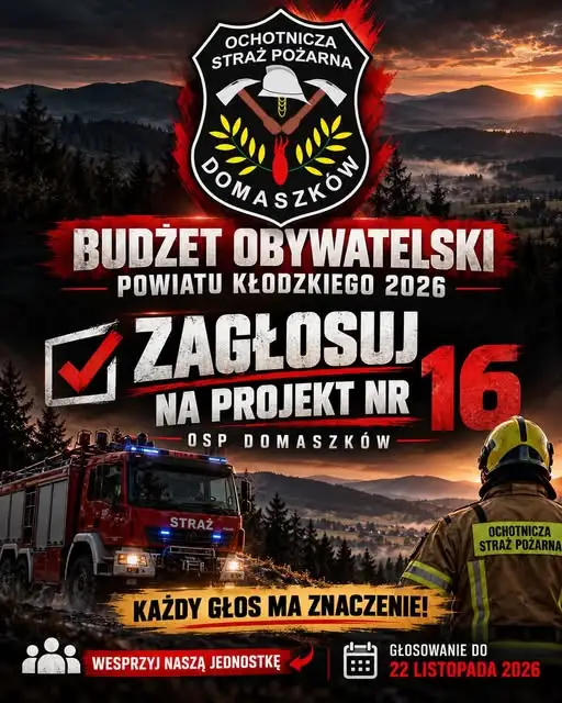 Głosowanie w Budżecie Obywatelskim Powiatu Kłodzkiego — OSP Domaszków walczy o projekt nr 16
