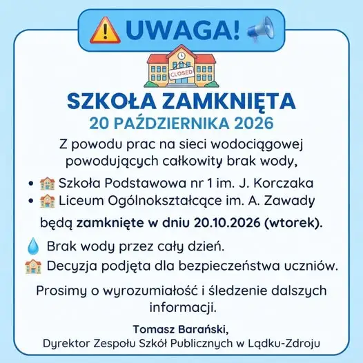Lądek-Zdrój: szkoły zamknięte 20 października z powodu braku wody