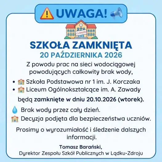 Lądek-Zdrój: szkoły zamknięte 20 października z powodu braku wody