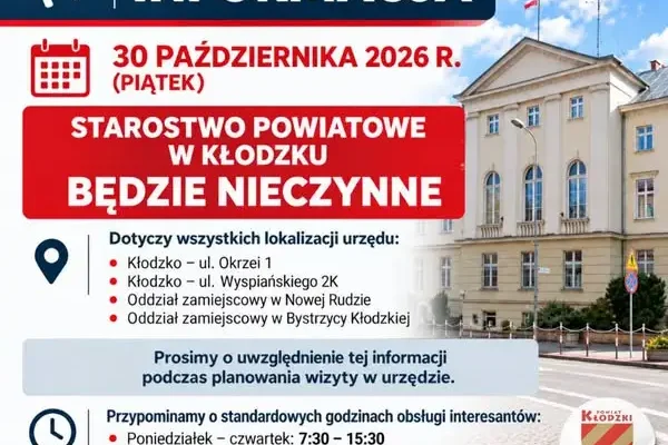 Starostwo Powiatowe w Kłodzku nieczynne 30 października 2026
