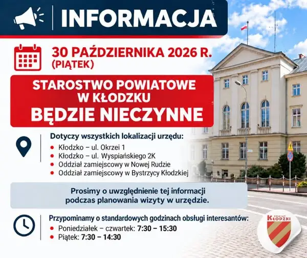 Starostwo Powiatowe w Kłodzku nieczynne 30 października 2026