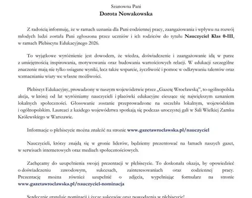 Dorota Nowakowska z Dusznik-Zdroju nominowana w Plebiscycie Edukacyjnym 2026