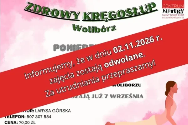 Odwołane zajęcia „Zdrowy Kręgosłup” w Woliborzu 2 listopada