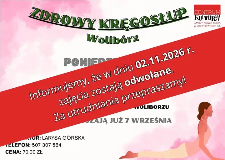 Odwołane zajęcia „Zdrowy Kręgosłup” w Woliborzu 2 listopada