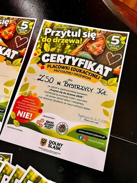 Klasa 3a z Bystrzycy Kłodzkiej przytuliła się do drzew – ekologiczna akcja z certyfikatem