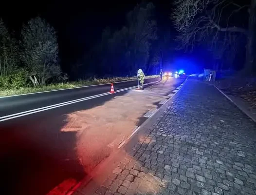 Plama substancji ropopochodnej na DK-46 w Podzamku — interweniowały OSP Wojciechowice i OSP Jaszkowa Dolna
